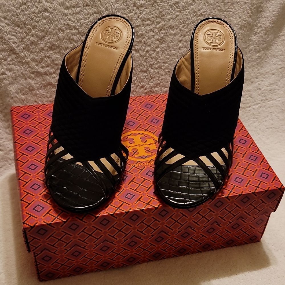 Tory Burch Black and Suede Mules heels 100mm